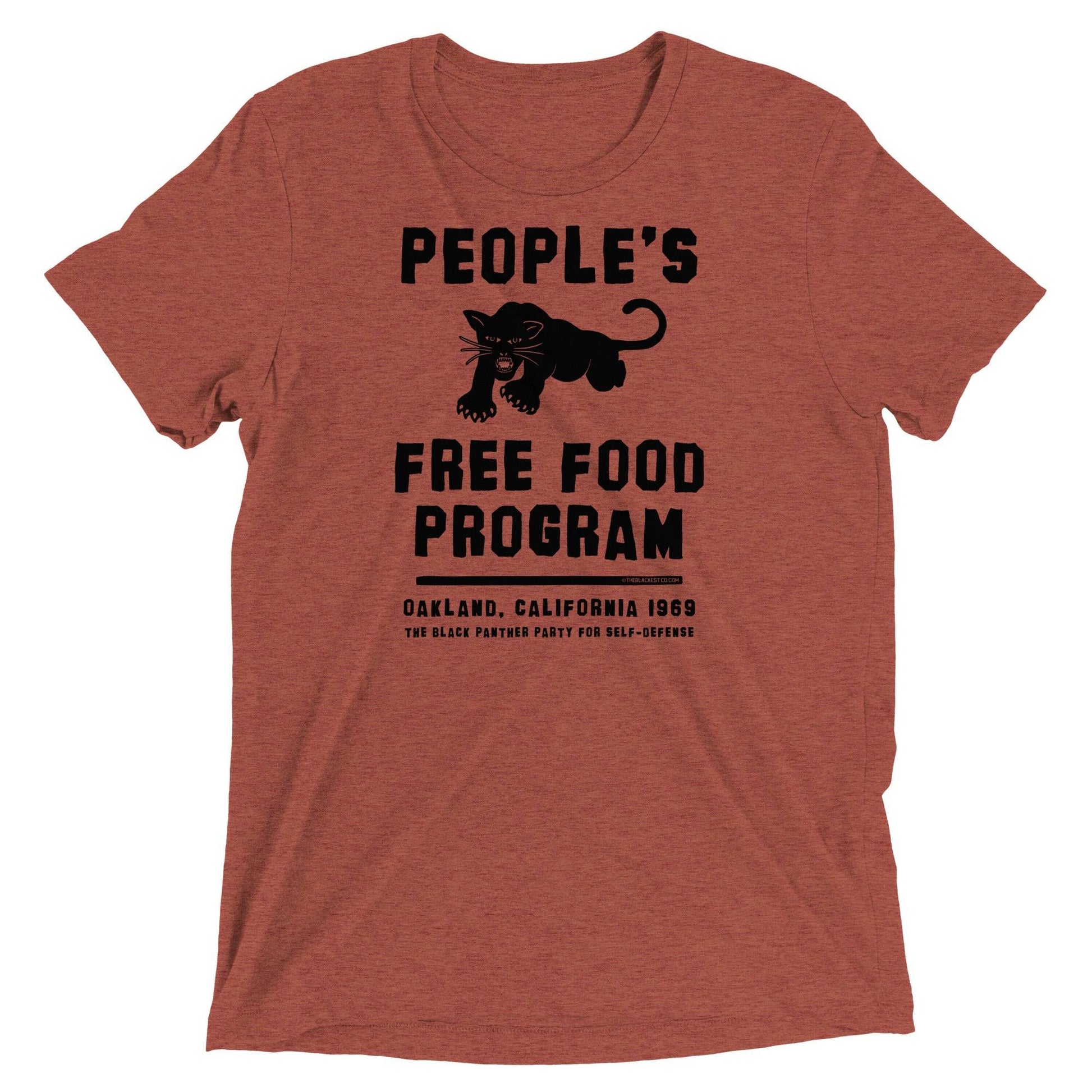 Rust red BPP People's Free Food Program Unisex Tri-Blend T-Shirt with black panther artwork and vintage-inspired typography for cultural apparel.