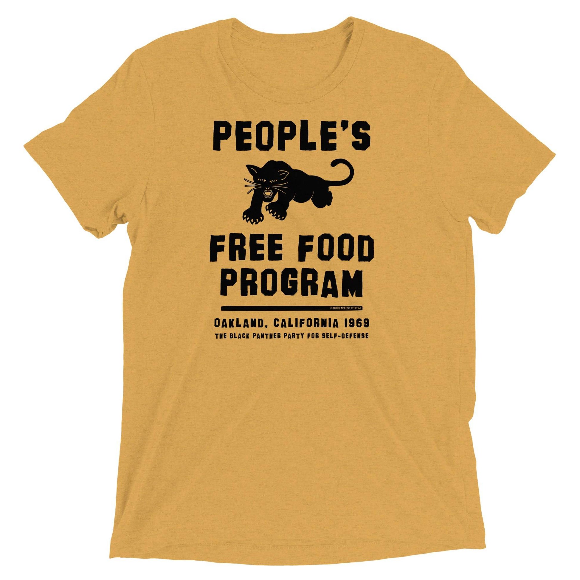 Mustard yellow BPP People's Free Food Program Unisex Tri-Blend T-Shirt with striking black panther design and historical reference to Black Panther Party.