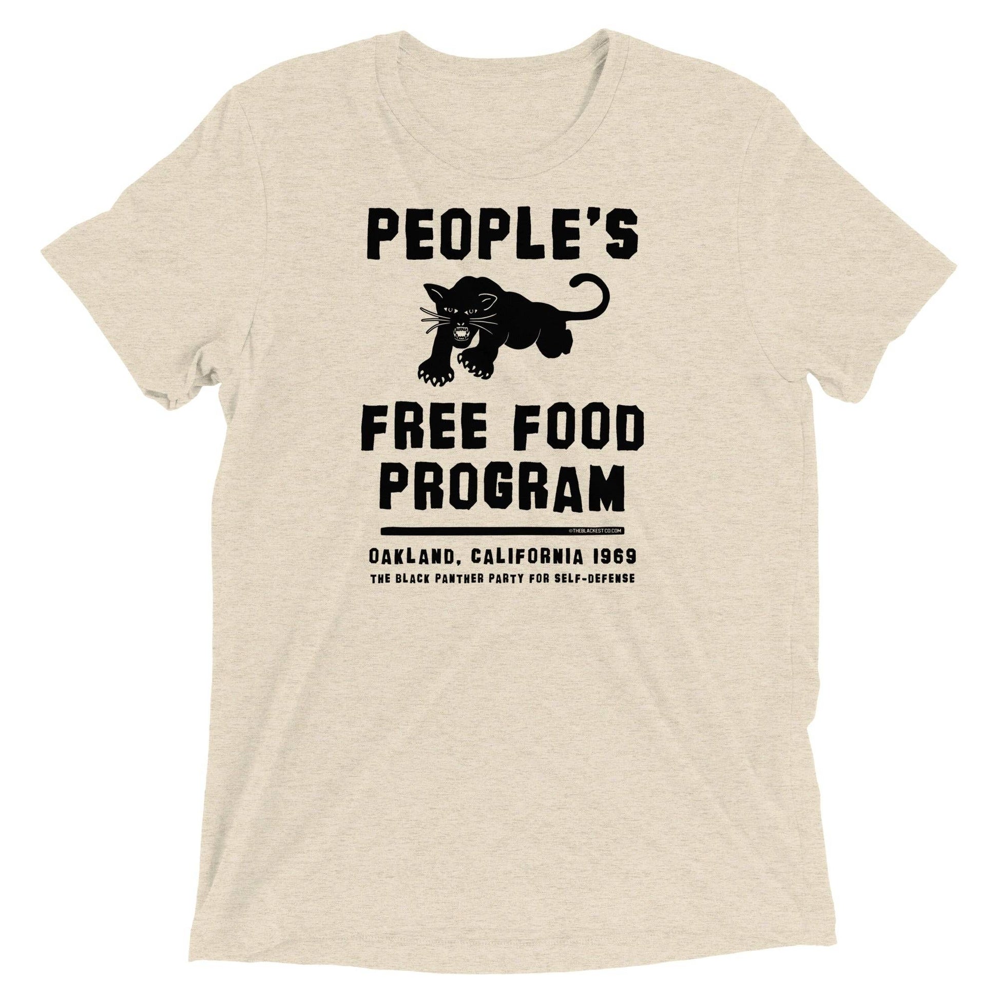 Cream BPP People's Free Food Program Unisex Tri-Blend T-Shirt with black panther graphic and retro-style text celebrating Black Panther legacy.