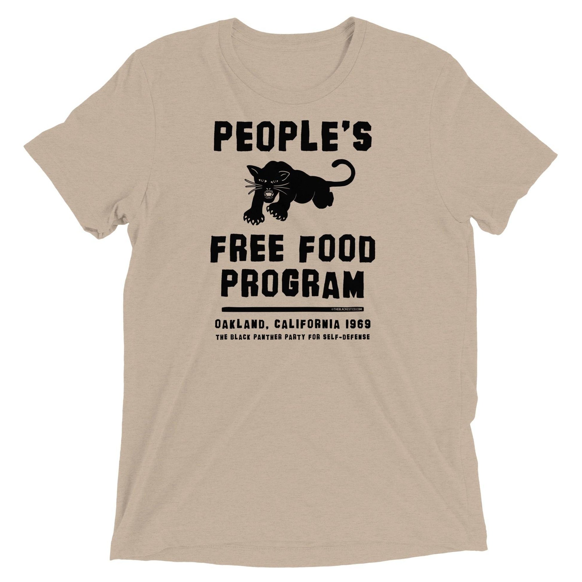 Tan BPP People's Free Food Program Unisex Tri-Blend T-Shirt featuring bold black panther print and vintage Oakland 1969 cultural message.