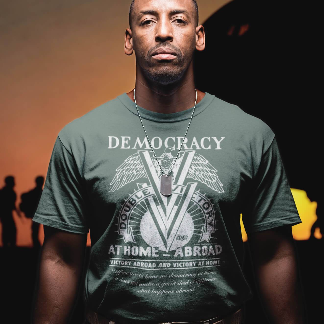 Man wearing Double V Campaign WWII Black Soldiers T-shirt