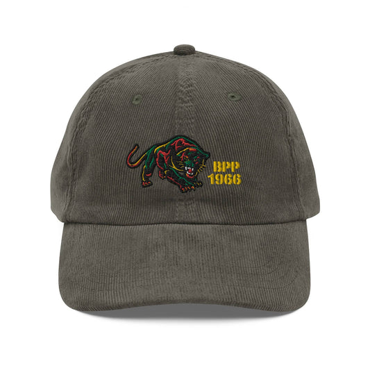 Olive green BPP 1966 Black Panthers vintage corduroy cap with embroidered black panther logo and yellow text. Adjustable strap for a classic fit.