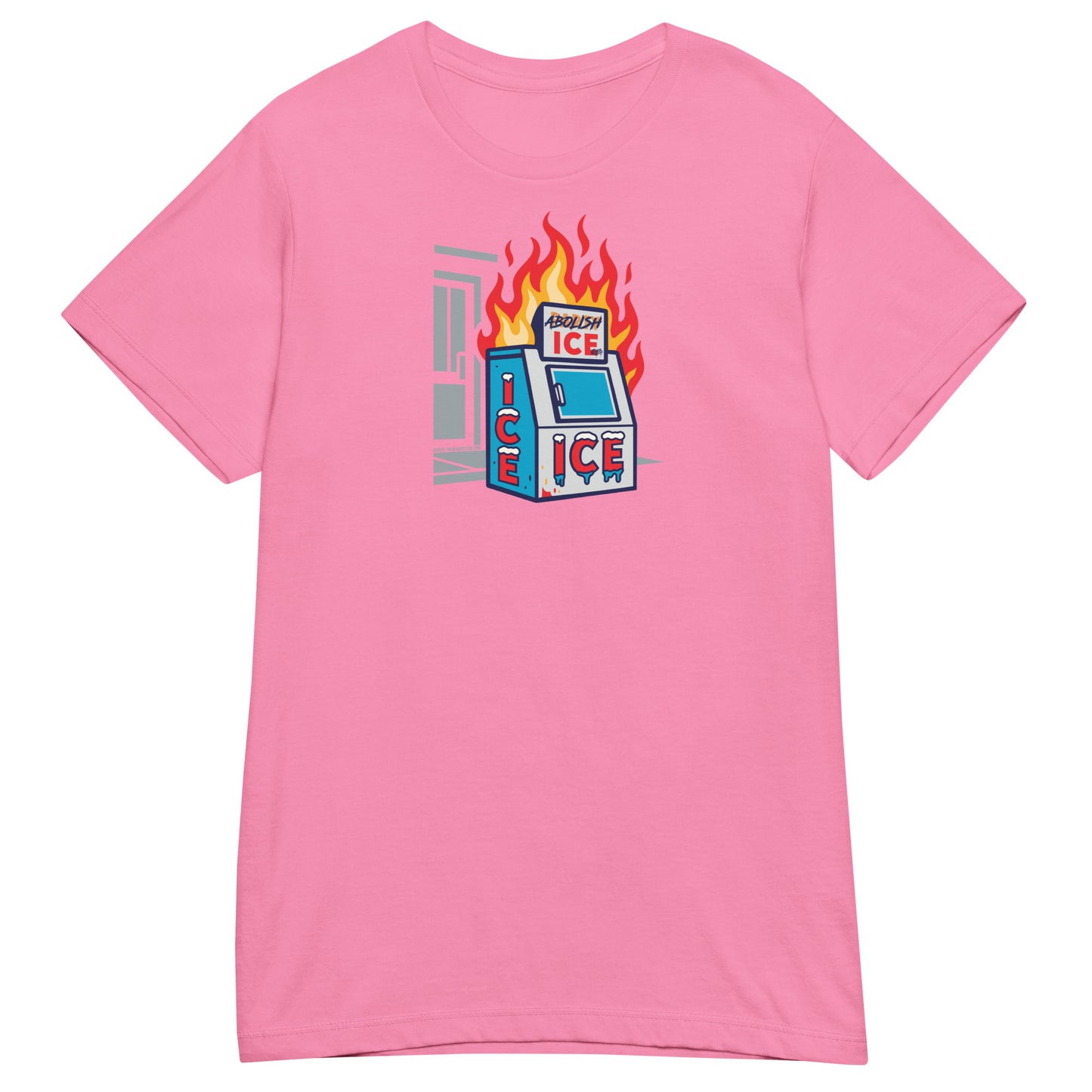 Light pink Abolish ICE Women’s Softstyle T-Shirt featuring a bold activist graphic of a burning ice machine, from TheBlackest Co.