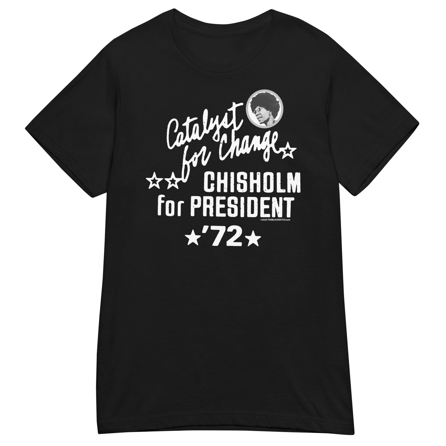 Black Shirley Chisholm Vintage Campaign Women’s Softstyle T-shirt featuring white retro 'Chisholm for President '72' graphic and soft cotton fabric.