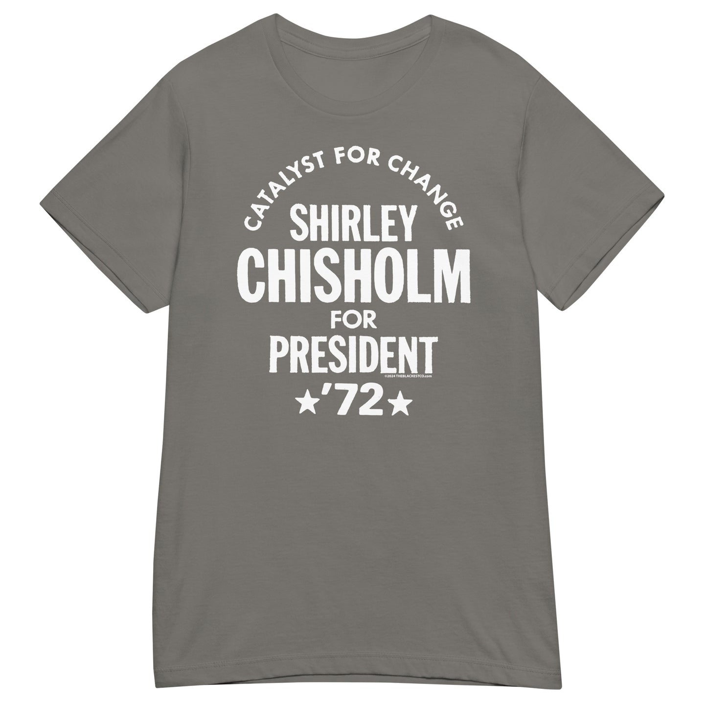 Olive green Shirley Chisholm For President 72 Women’s Softstyle T-shirt with bold white print. Soft, fitted tee celebrating Black history and activism.