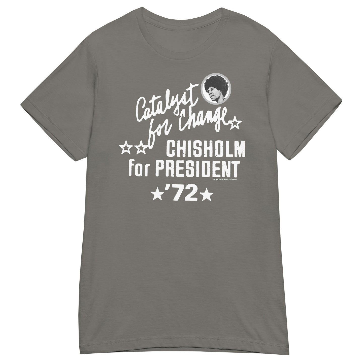 Olive green Shirley Chisholm Vintage Campaign Women’s Softstyle T-shirt with vintage white graphic supporting historic Black woman leadership.