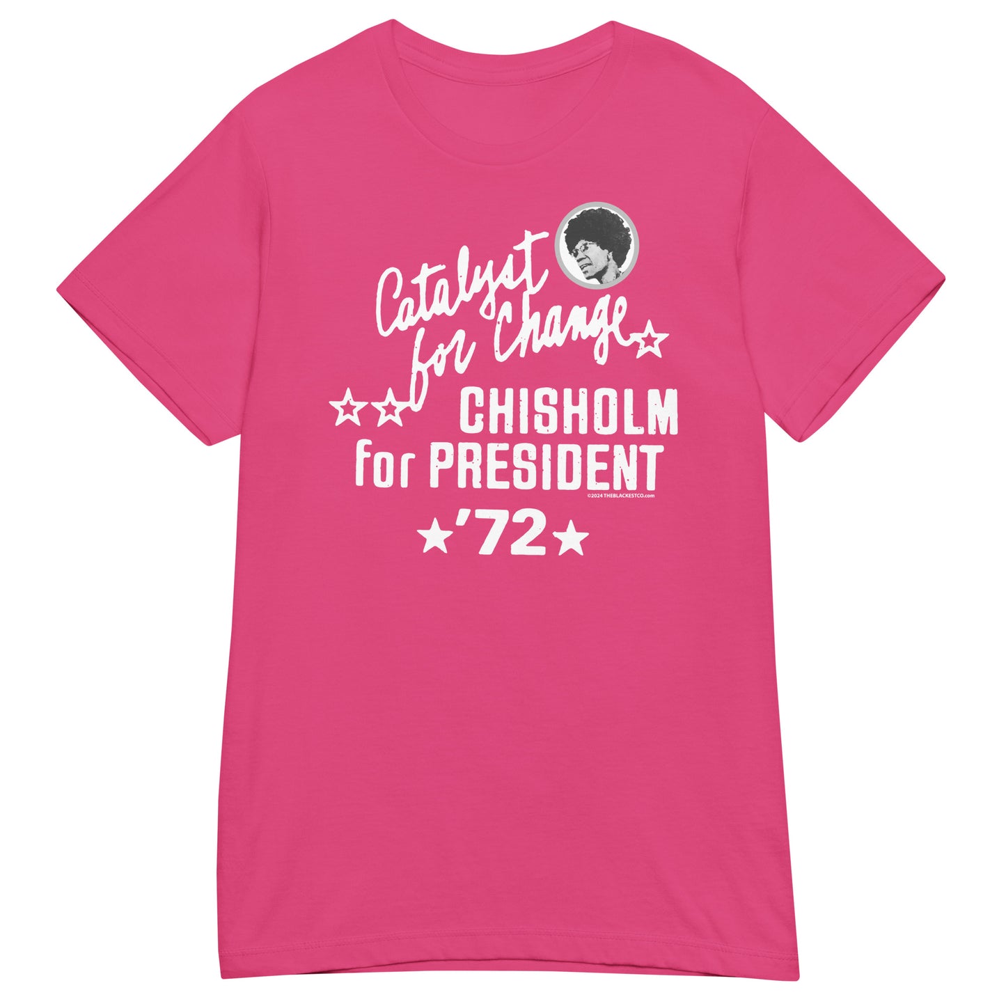 Hot pink Shirley Chisholm Vintage Campaign Women’s Softstyle T-shirt with white 1972 campaign slogan and flattering softstyle fit.
