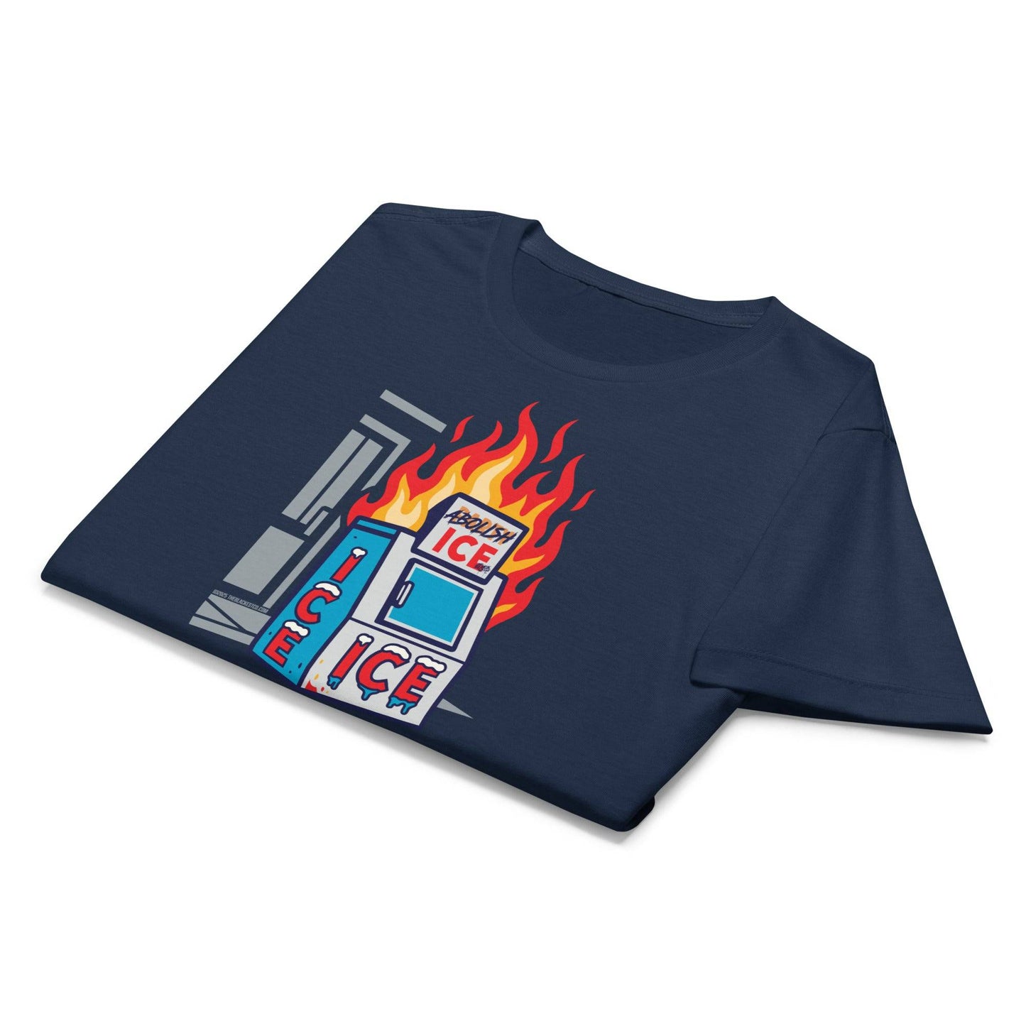 Folded navy Abolish ICE Women’s Softstyle T-Shirt with bold flaming ice machine artwork, perfect for activist wardrobes.