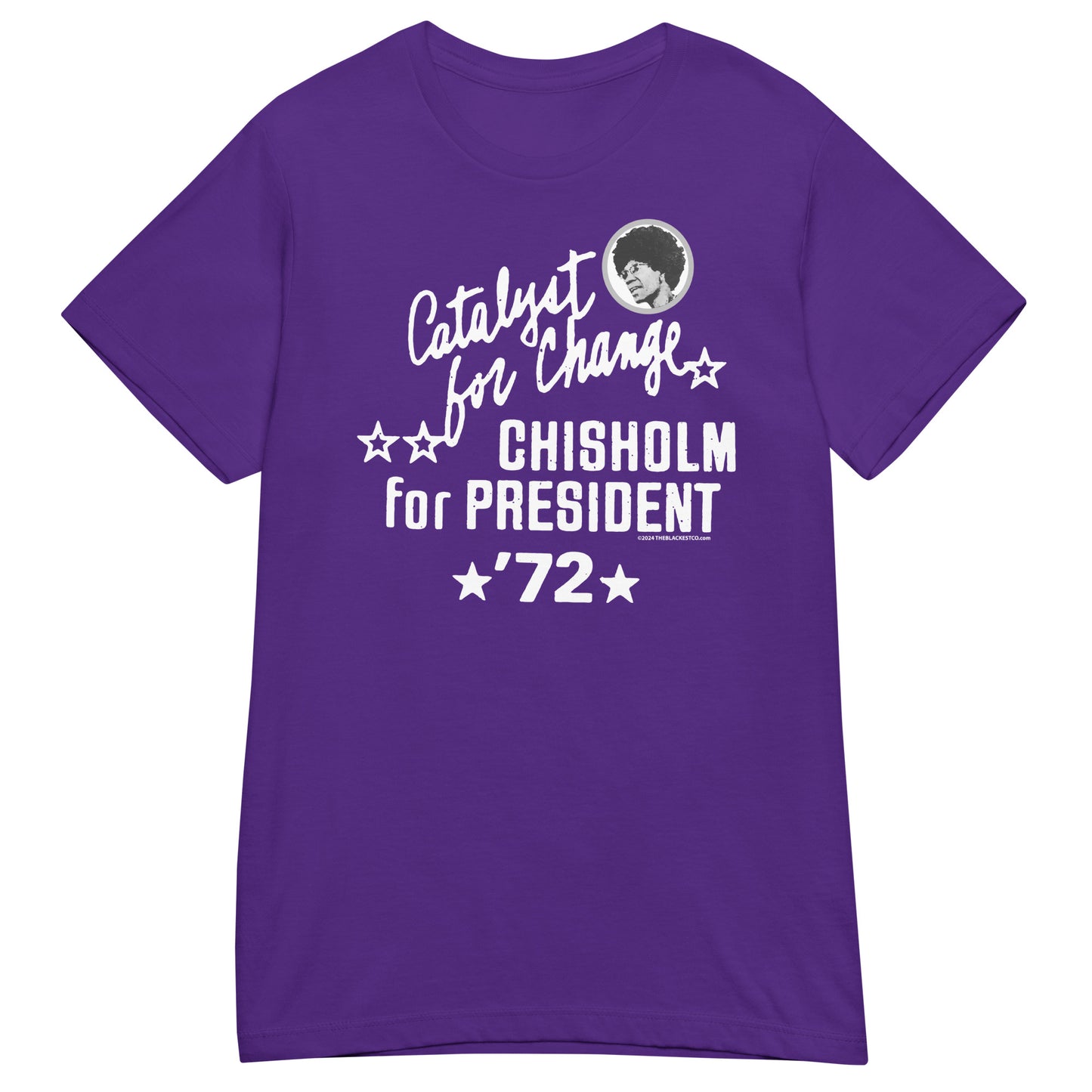 Purple Shirley Chisholm Vintage Campaign Women’s Softstyle T-shirt with vintage white campaign print honoring Black female leadership.