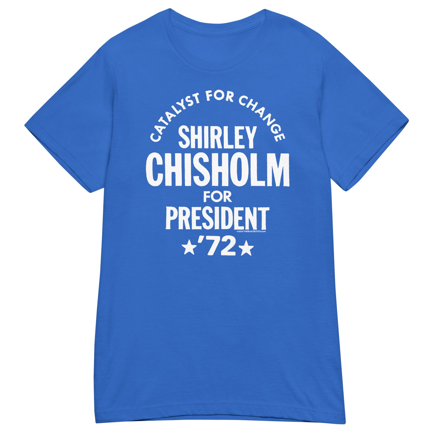 Royal blue Shirley Chisholm For President 72 Women’s Softstyle T-shirt with bold white text honoring historic 1972 campaign. Soft fit for casual wear.
