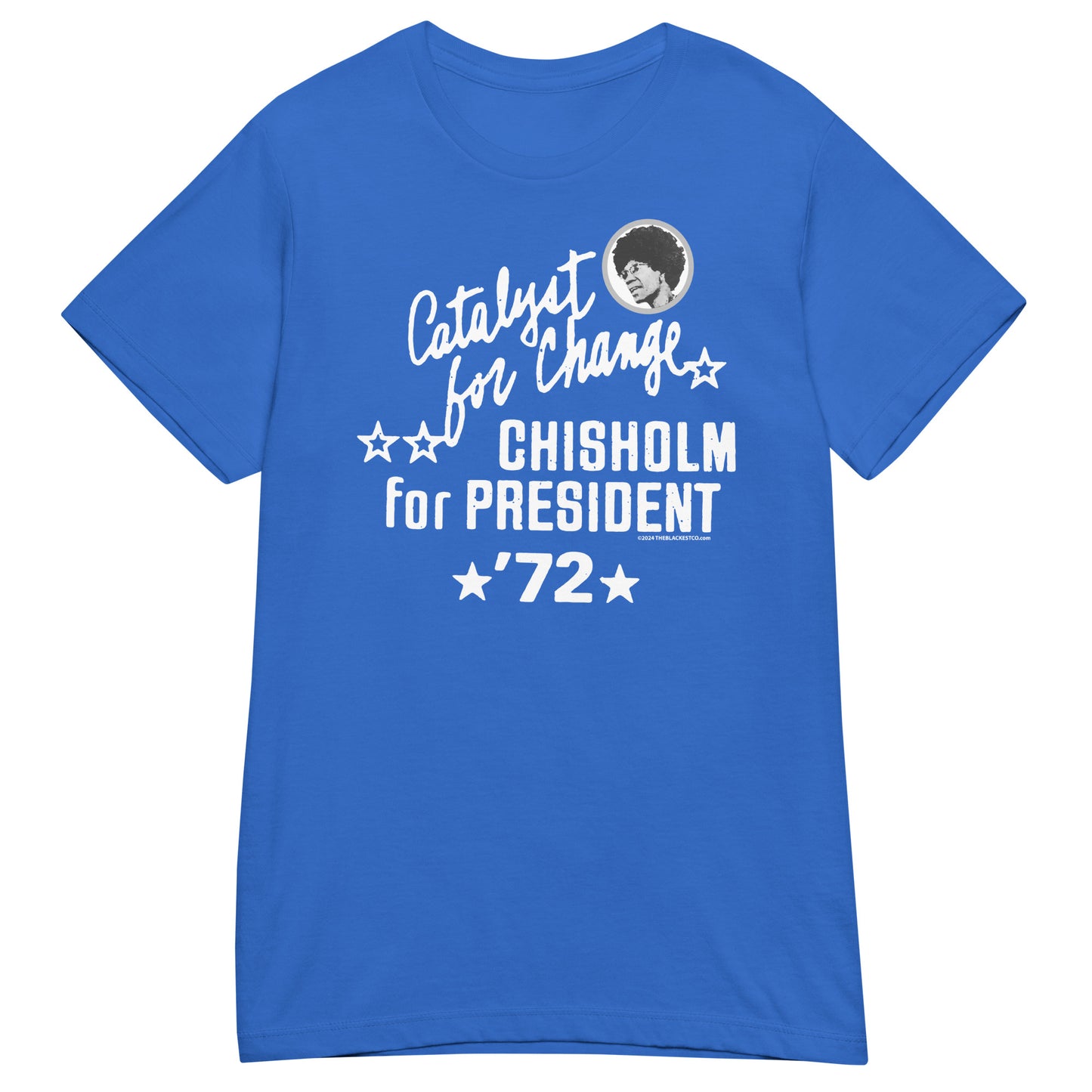 Royal blue Shirley Chisholm Vintage Campaign Women’s Softstyle T-shirt with bold white 'Catalyst for Change' and 'Chisholm for President '72' print.