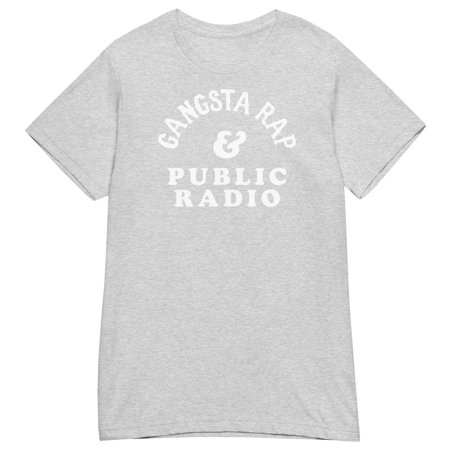 Heather gray Gangsta Rap And Public Radio Womens Softstyle T-shirt with white lettering, perfect for casual wear with a cultural twist.