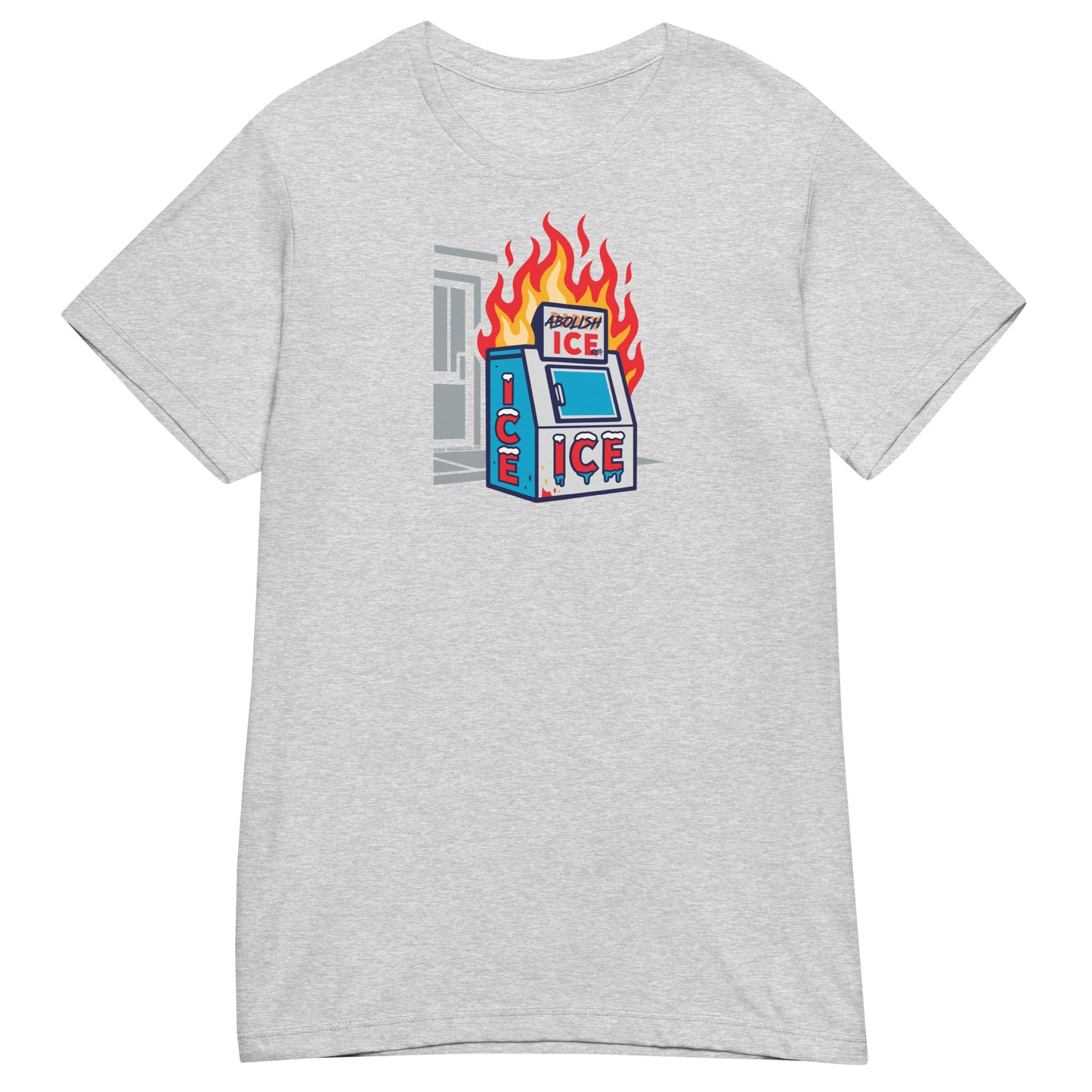 Heather gray Abolish ICE Women’s Softstyle T-Shirt with a vivid flaming ice machine graphic, blending comfort with protest fashion.