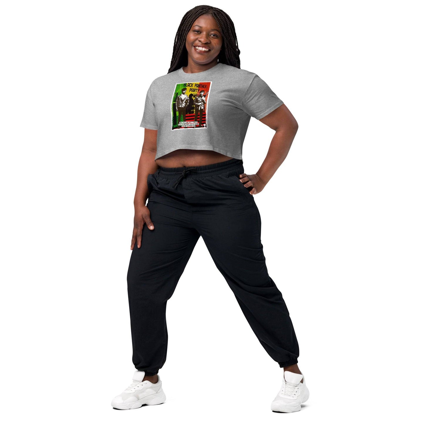 Full body view of model in Black Panther Party crop top