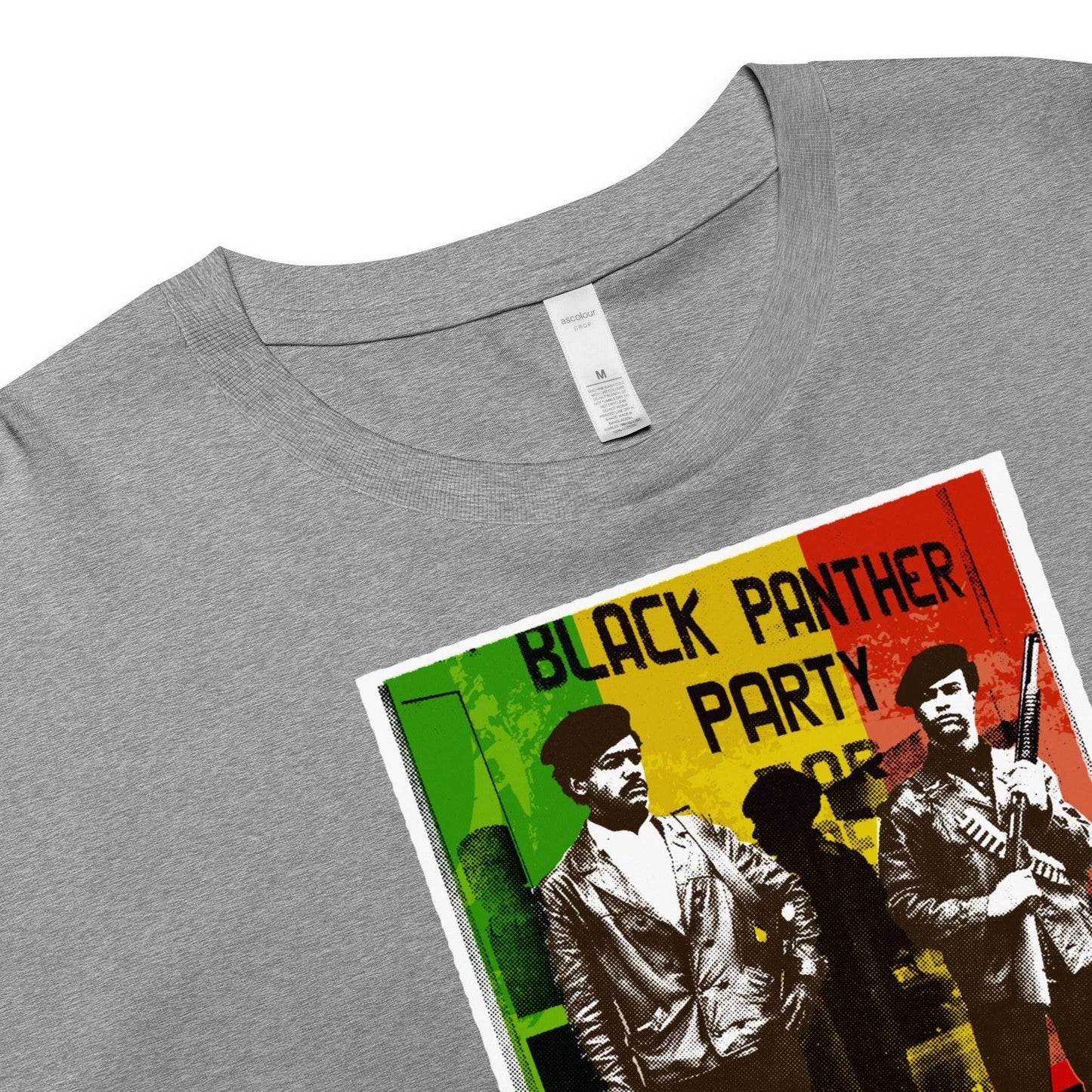 Close-up of Black Panther Party graphic on gray crop top