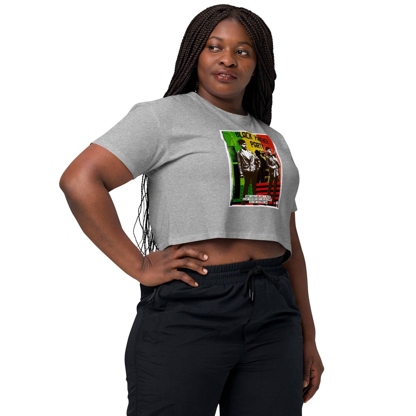 Side view of model in Black Panther Party crop top tee