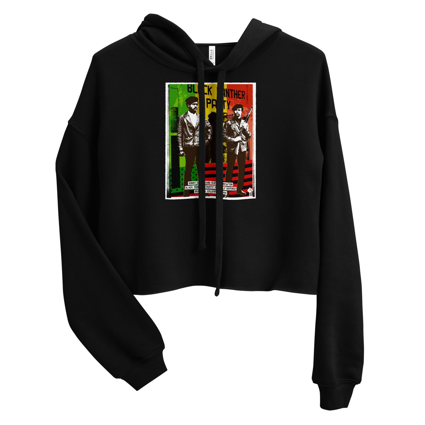 The Black Panther Party BPP Storefront Crop Hoodie in black colorway, featuring iconic BPP leaders and red, black, green flag-inspired design.