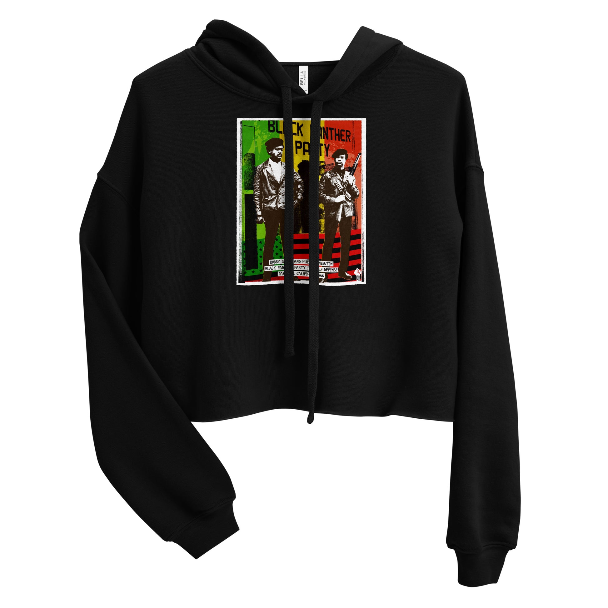 The Black Panther Party BPP Storefront Crop Hoodie in black colorway, featuring iconic BPP leaders and red, black, green flag-inspired design.