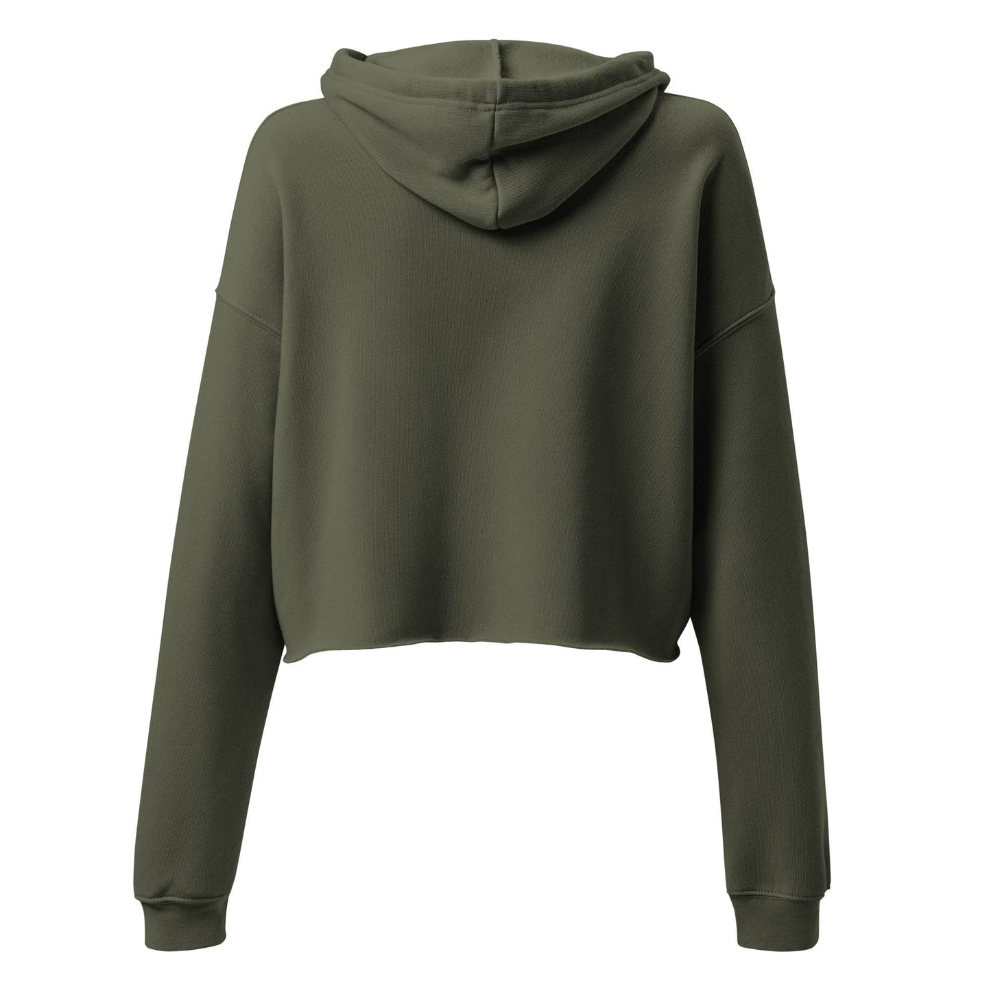 Back view of The Black Panther Party BPP Storefront Crop Hoodie in olive green, showing clean cropped hem and hooded design.