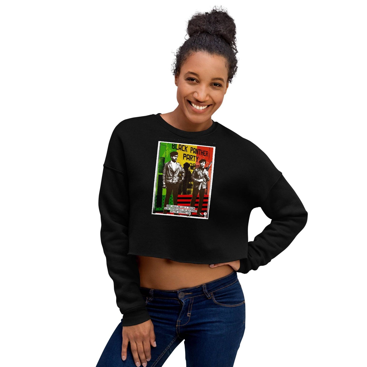 Black Panther Party crop top sweatshirt, hands on hips