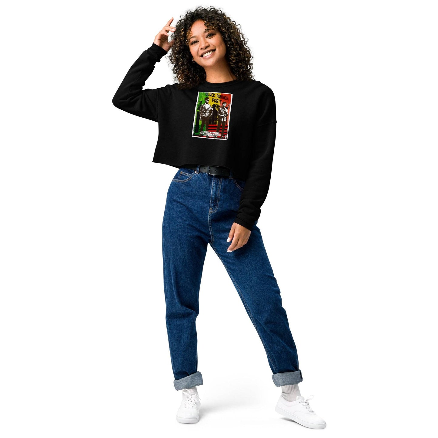 Smiling model in Black Panther Party crop top sweatshirt
