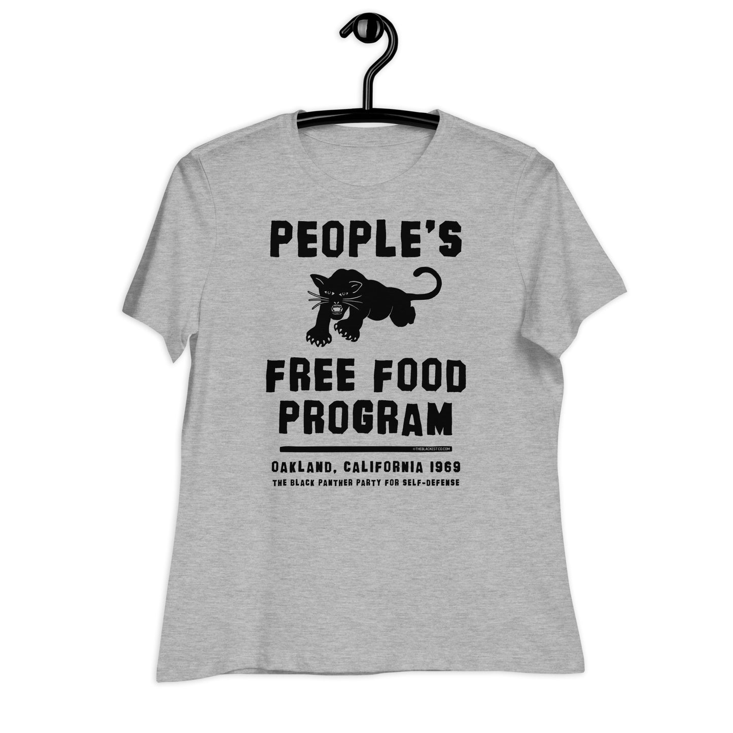 a grey women's t - shirt that says people's free food program with a black panther on it