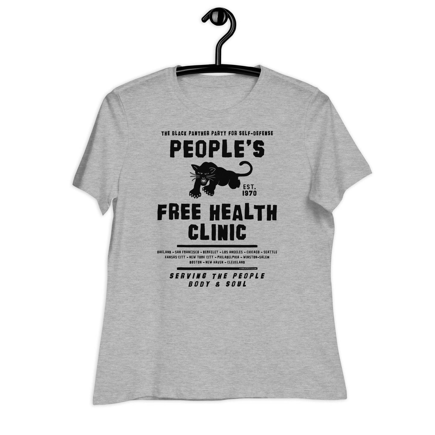 a gray t - shirt with a black panther on it that says people's free health clinic