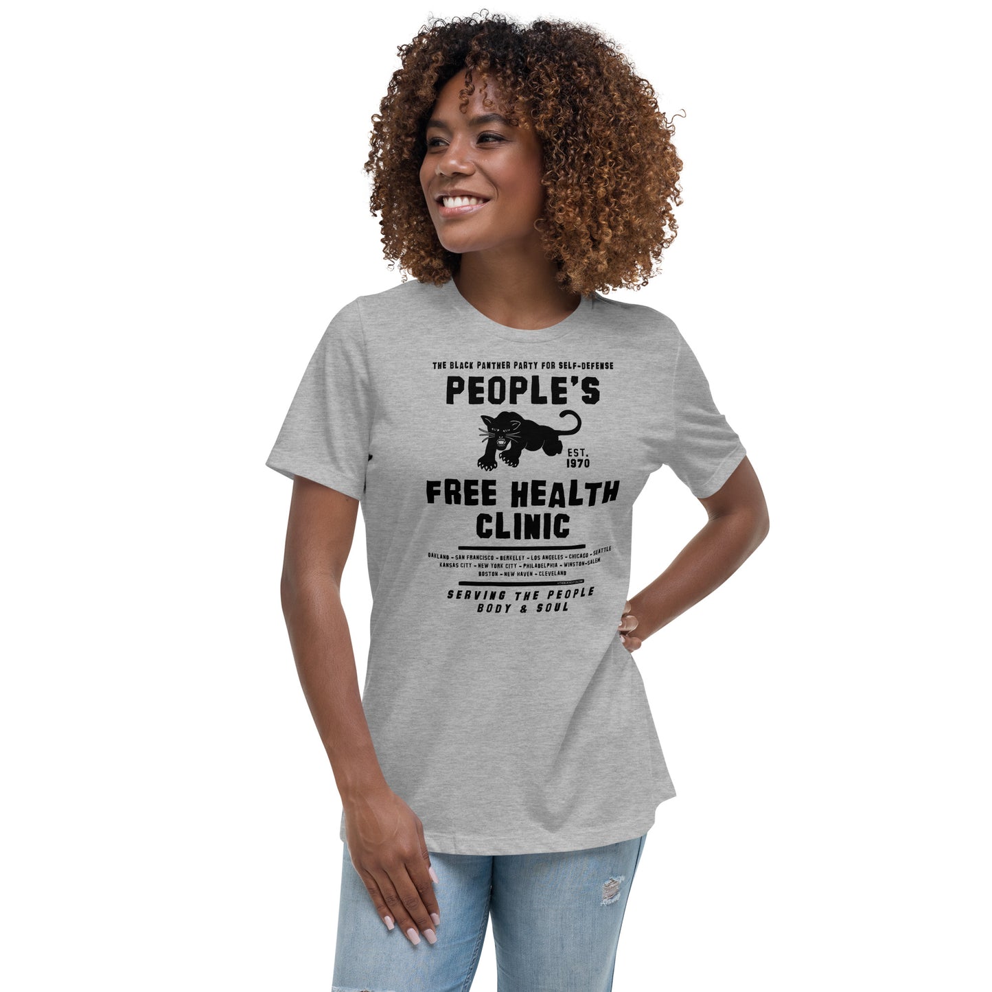 a woman wearing a t - shirt that says people's free health clinic