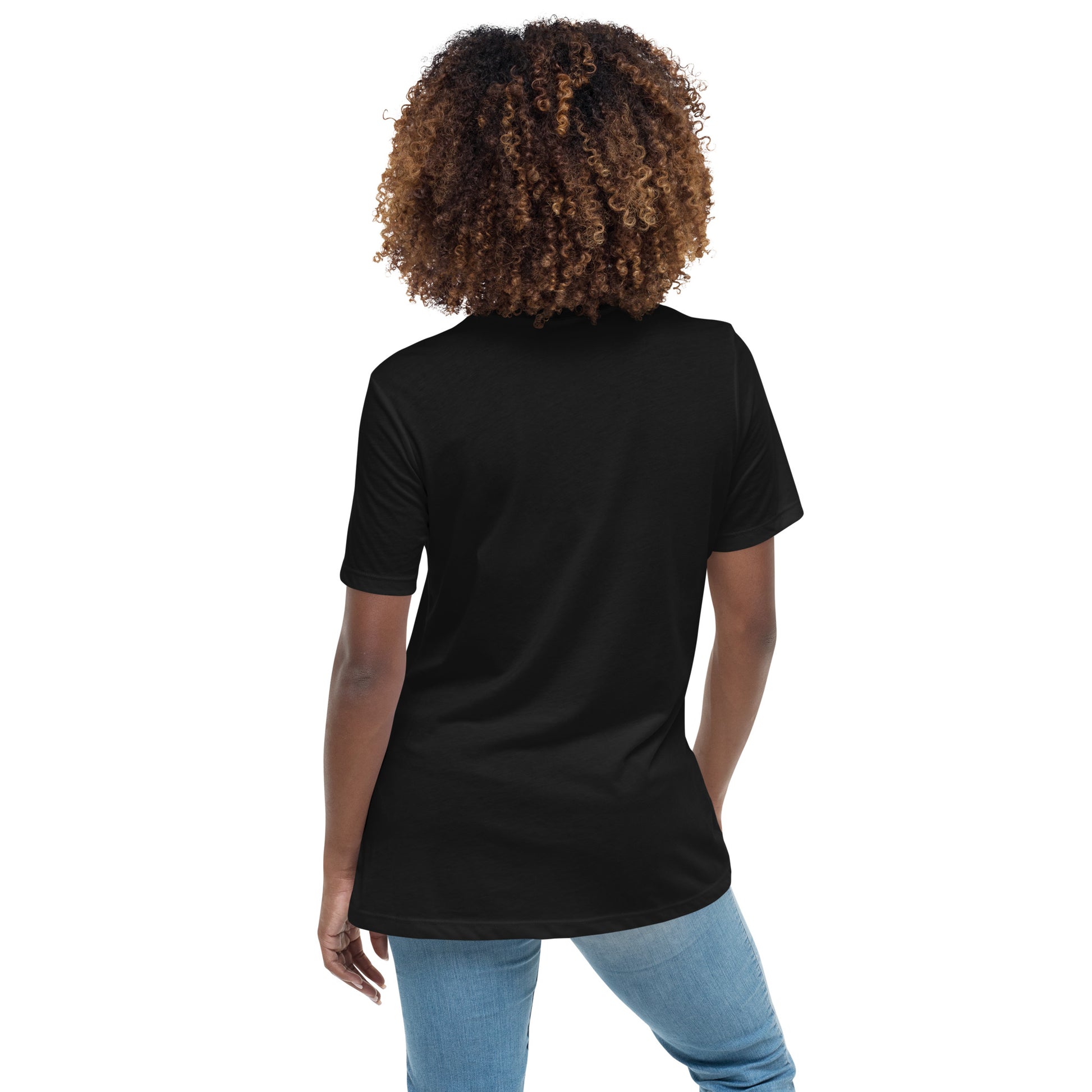 Back view of a woman wearing a black relaxed-fit t-shirt. Soft and versatile, complementing the bold front design promoting Black history awareness.