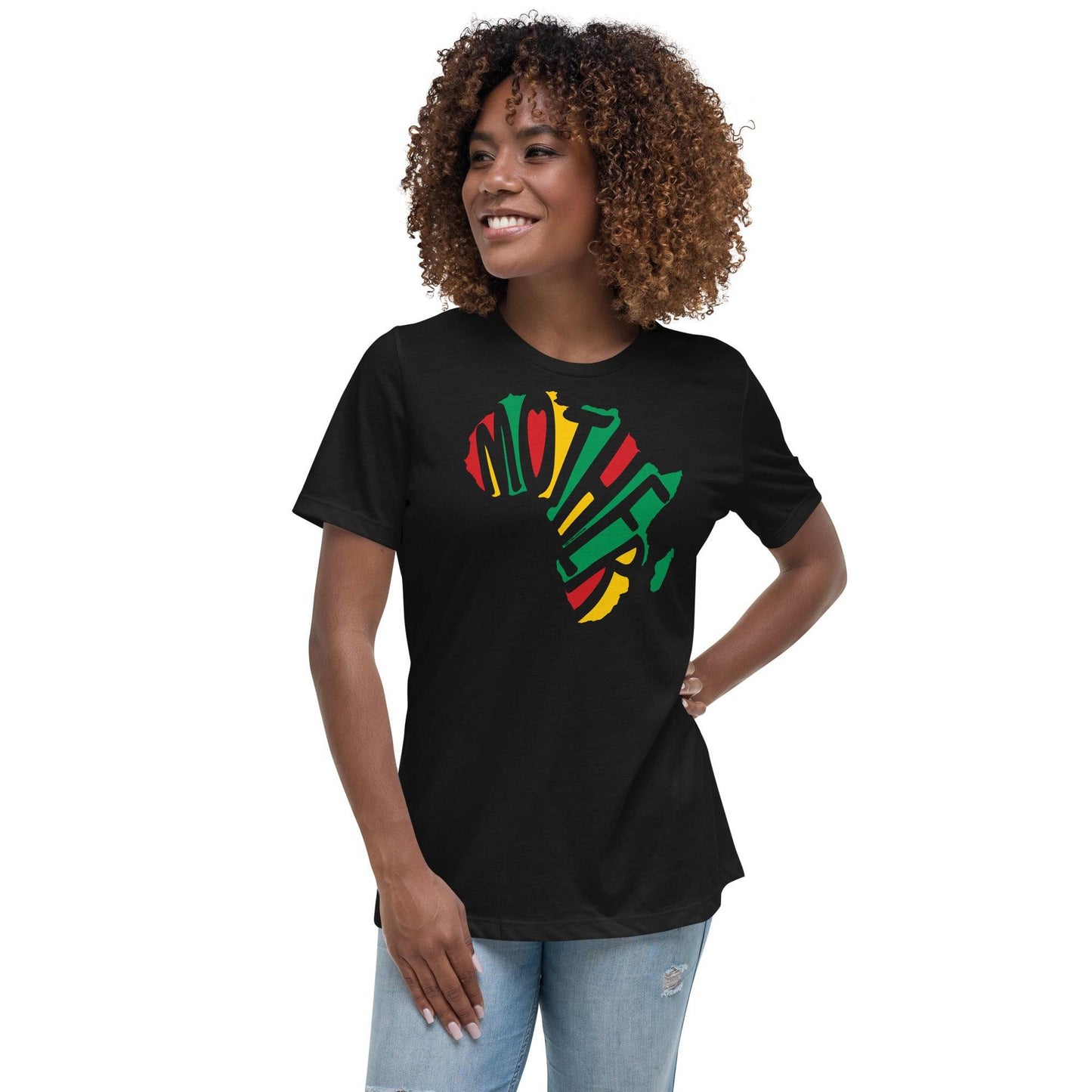 a woman wearing a black t - shirt with a colorful design with the word Mother in the shape of africa on it