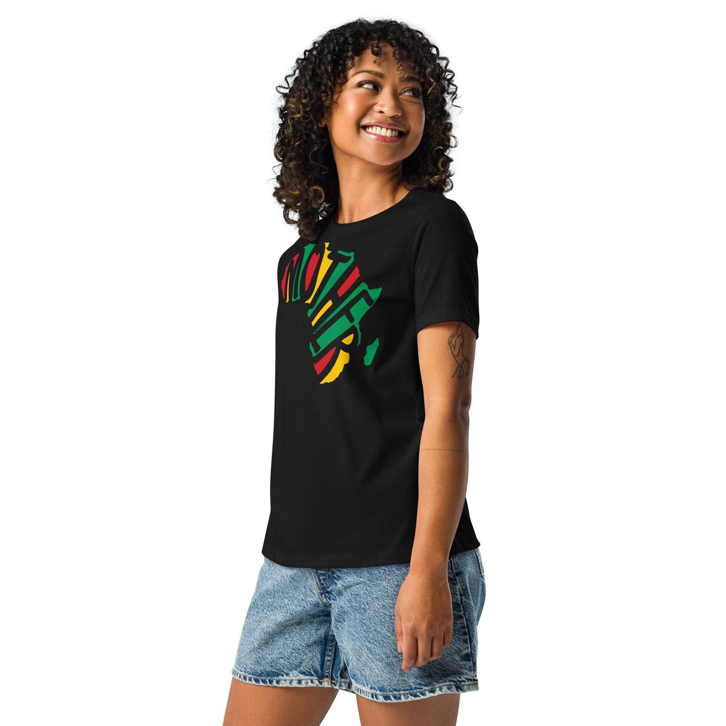 a woman wearing a black t - shirt with a colorful design with the word Mother in the shape of africa on it