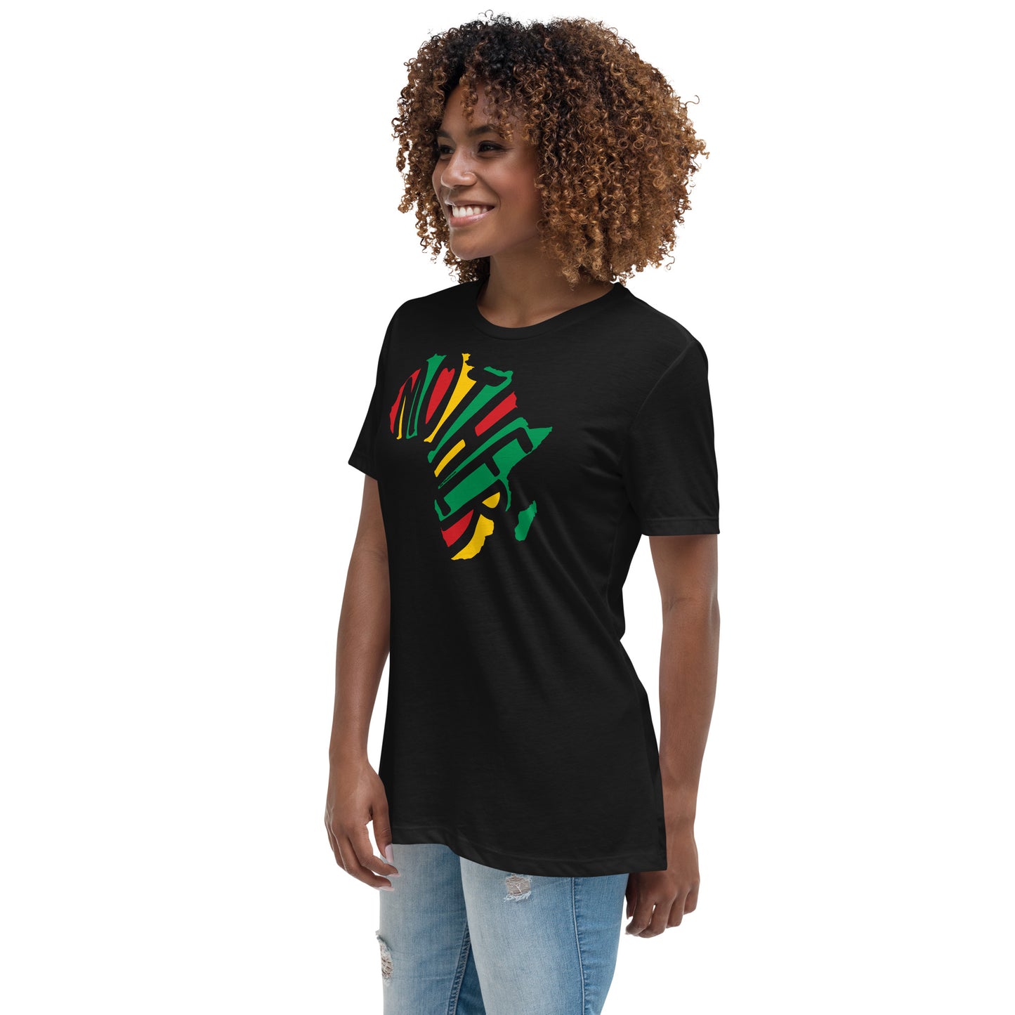 a woman wearing a black t - shirt with the word Mother in the shape of africa design on it
