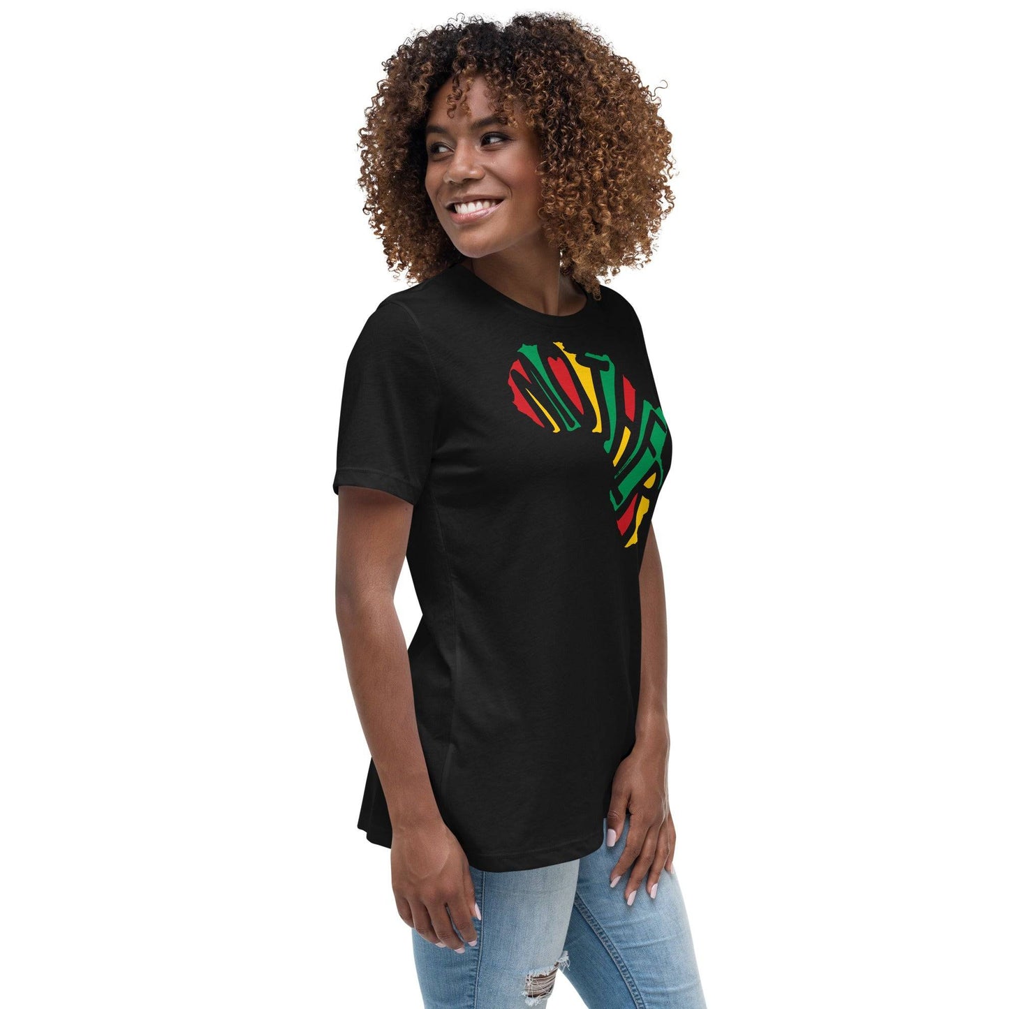 a woman wearing a black t - shirt with the word Mother in the shape of africa design on it