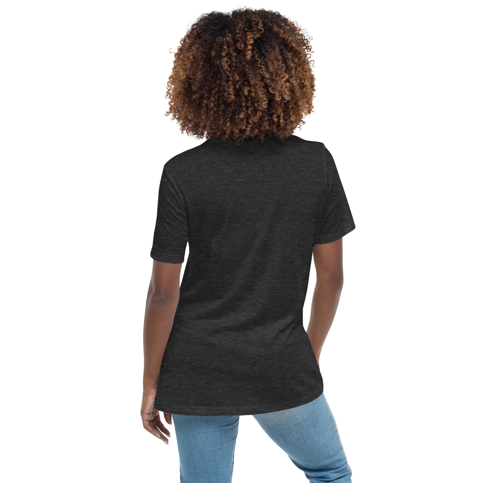 Back view of woman wearing dark relaxed-fit t-shirt. Comfortable activist apparel with powerful front message supporting civil rights.