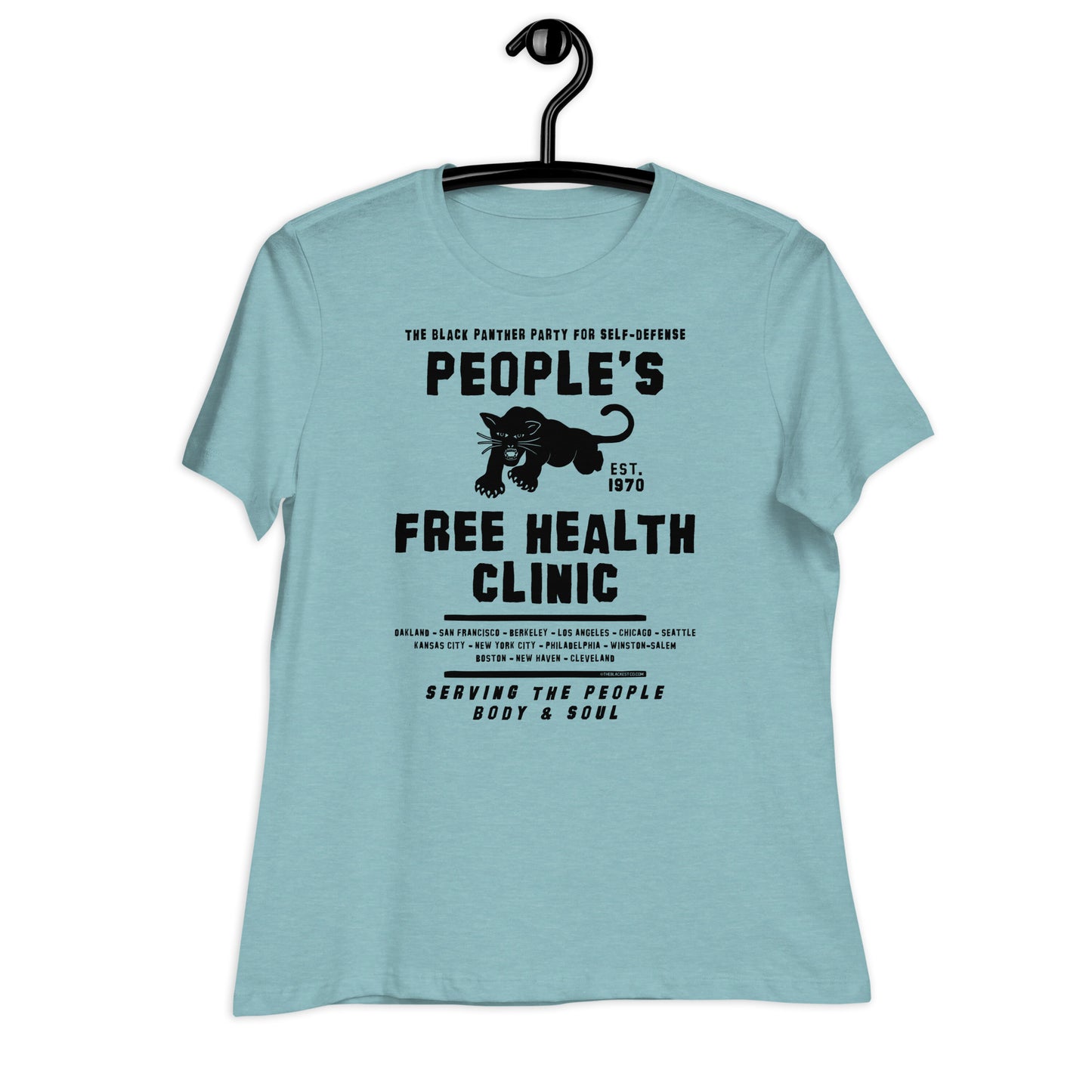 a t - shirt with a black panther on it that says people's free health clinic on it