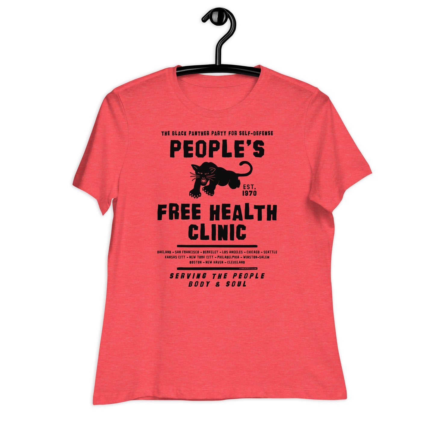 a women's t - shirt with a black panther on it that says people's free health clinic