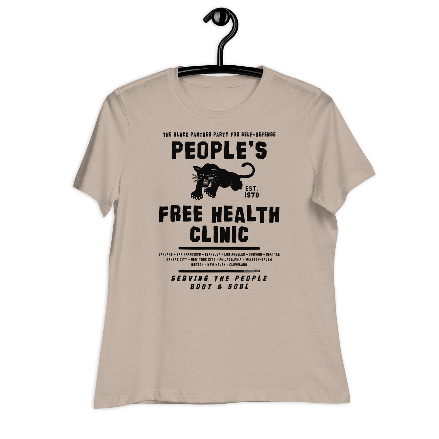 a t - shirt with a black panther on it that says people's free health clinic on it