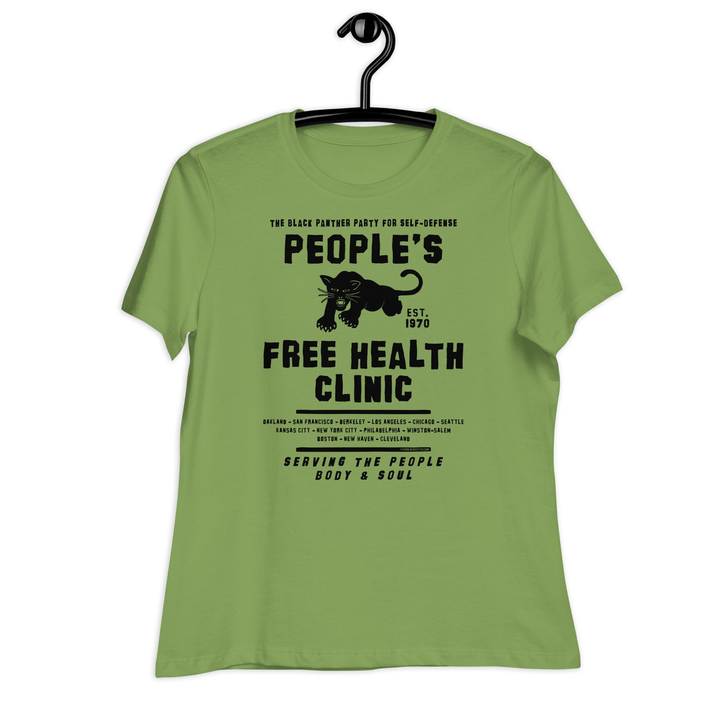 a green t - shirt with a black panther on it that says people's free health clinic on it