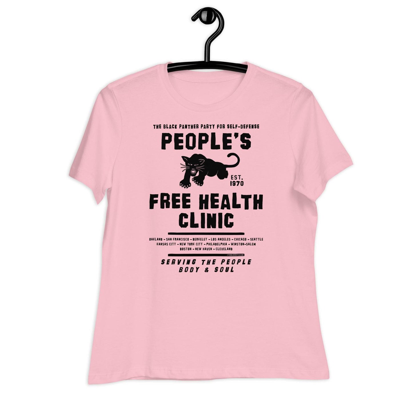 a pink t - shirt with a black panther on it that says people's free health clinic on it