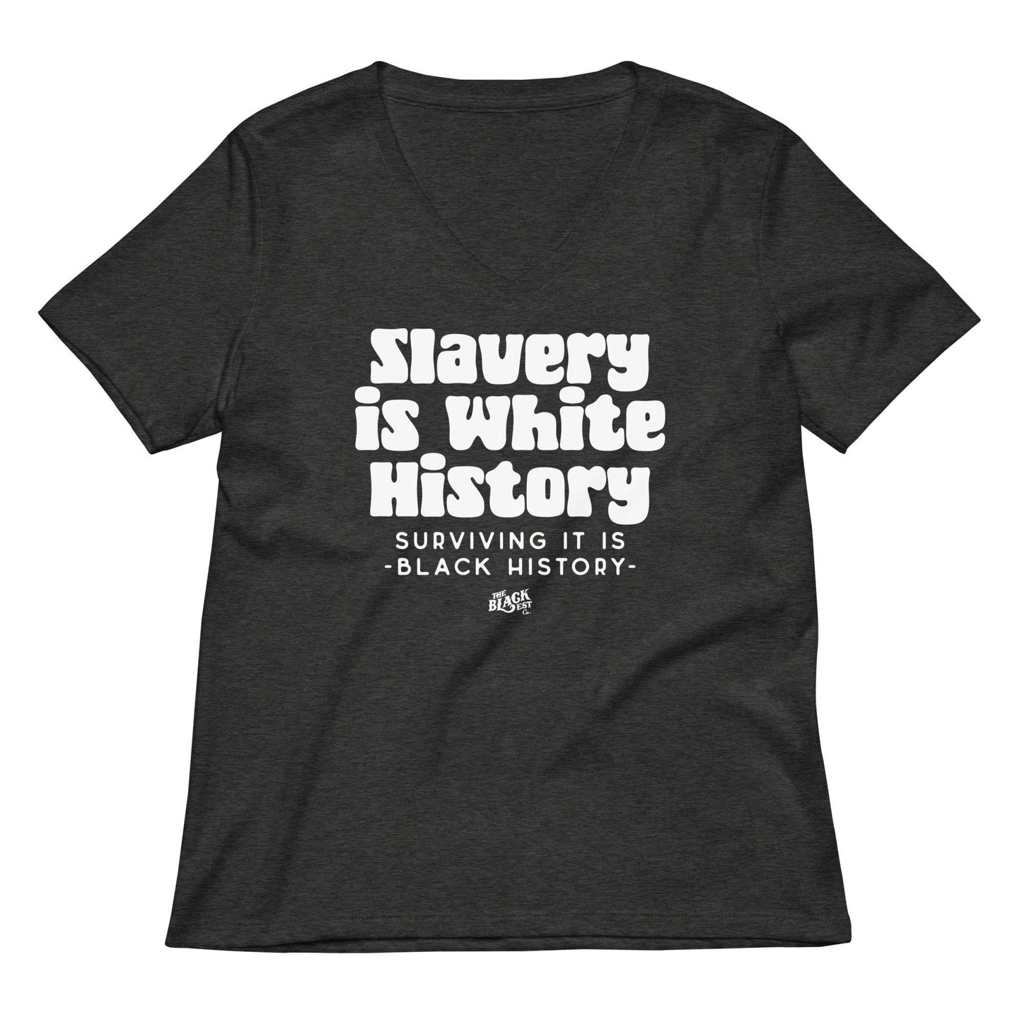 Dark heather gray ALLY Slavery Is White History Women's V-neck T-shirt with bold white print, ideal for making a cultural statement in casual wear.