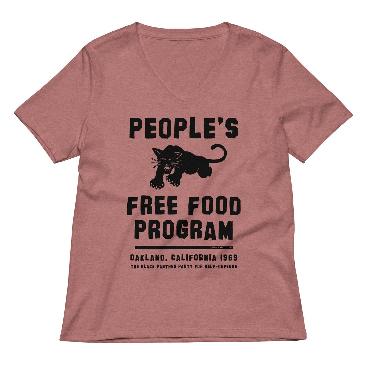 Black Panthers People's Free Food Program Women's V-neck Tee in mauve pink, combining activism-inspired design with feminine style.