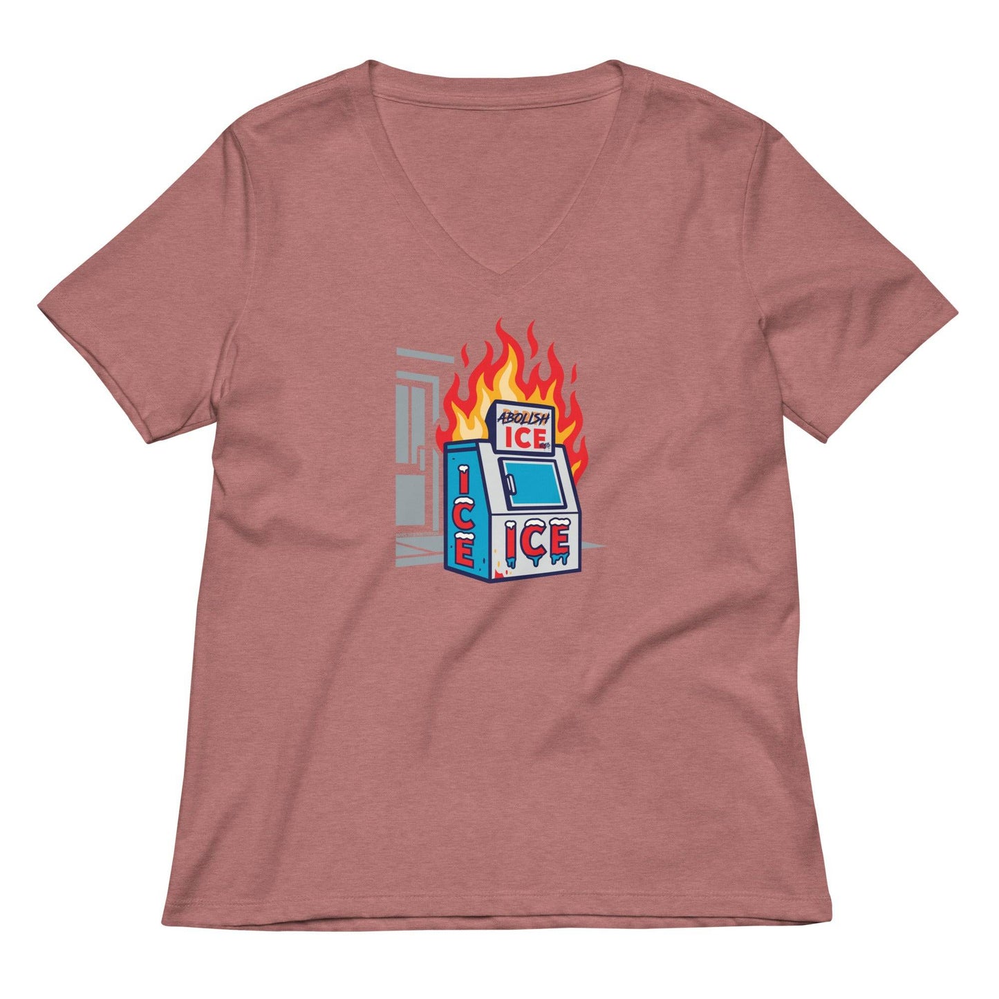 Mauve Abolish ICE Women’s V-neck T-Shirt with graphic ICE machine on fire, activist fashion for women by TheBlackest Co.