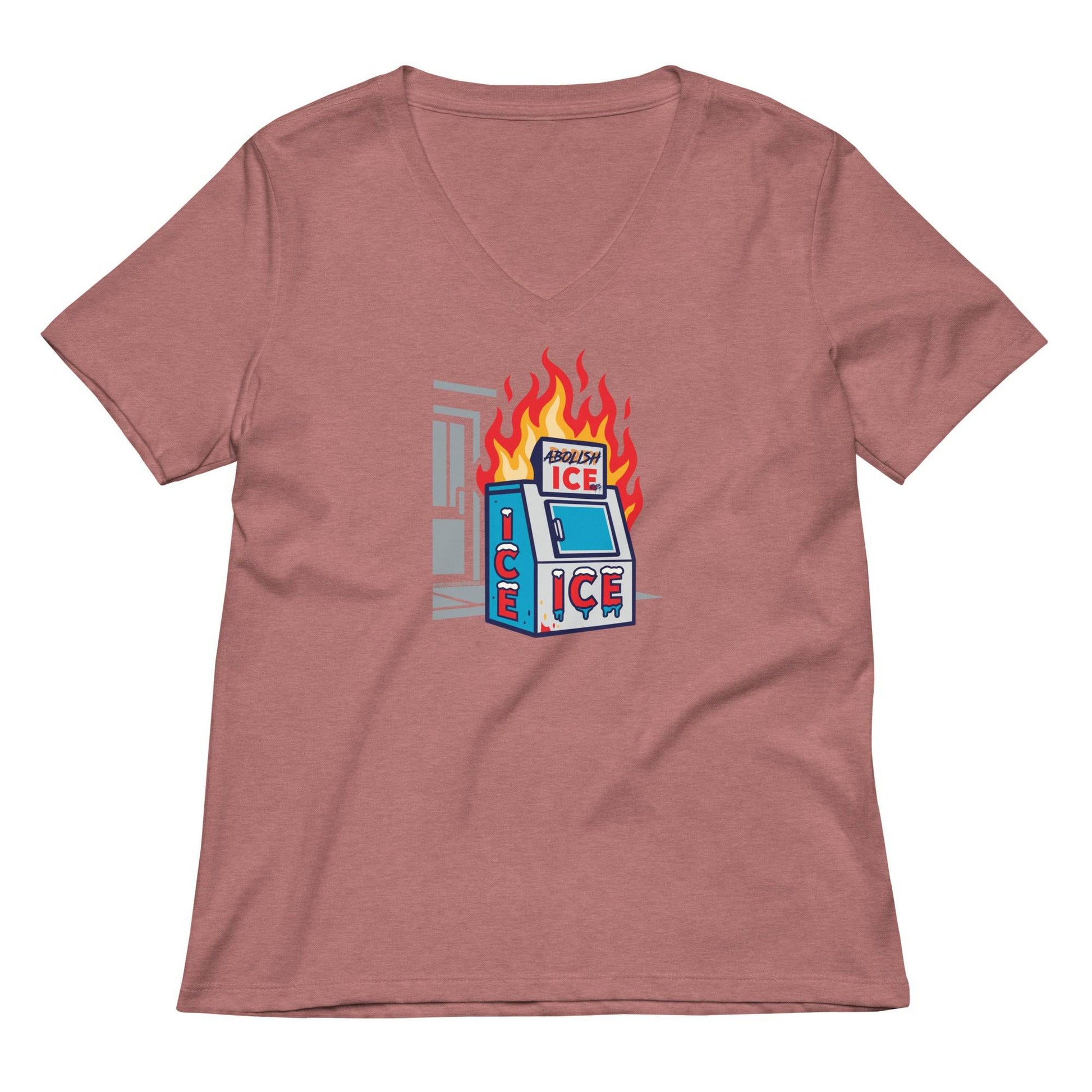 Mauve Abolish ICE Women’s V-neck T-Shirt with graphic ICE machine on fire, activist fashion for women by TheBlackest Co.