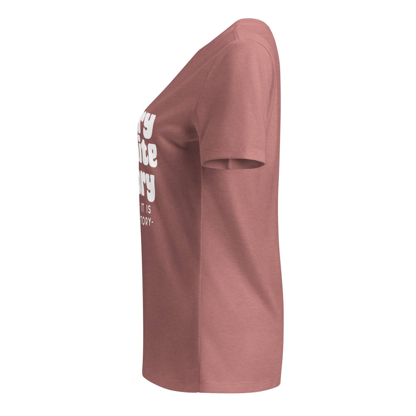 Right side profile of the ALLY Slavery Is White History Women's V-neck T-shirt in mauve, highlighting the shirt’s fit and short sleeve design.