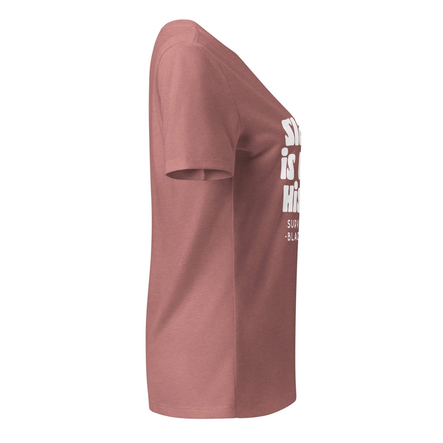 Side view of the ALLY Slavery Is White History Women's V-neck T-shirt in mauve, showing soft fabric and flattering feminine cut for everyday wear.