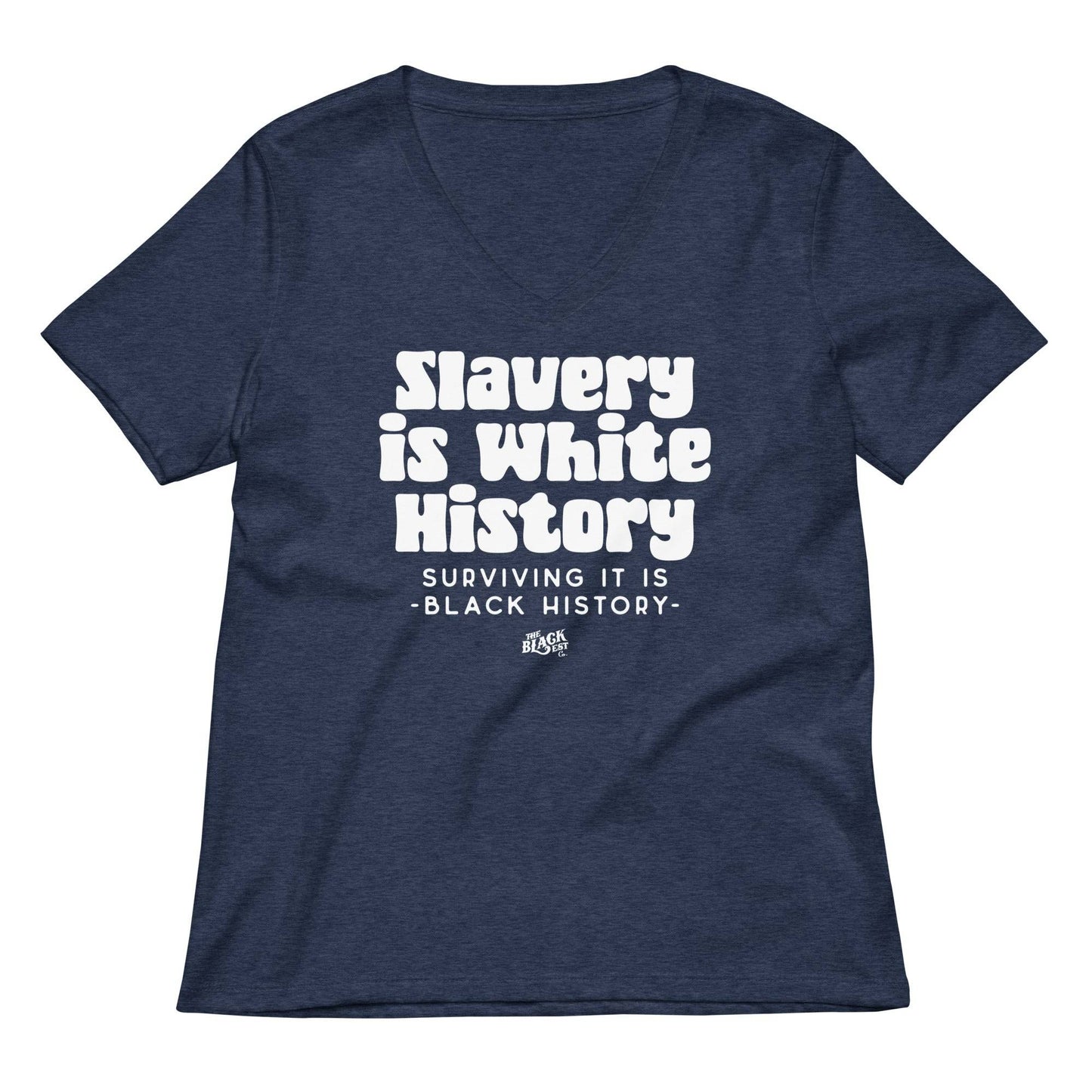 Navy blue version of the ALLY Slavery Is White History Women's V-neck T-shirt featuring bold white text and soft fabric for a relaxed fit.
