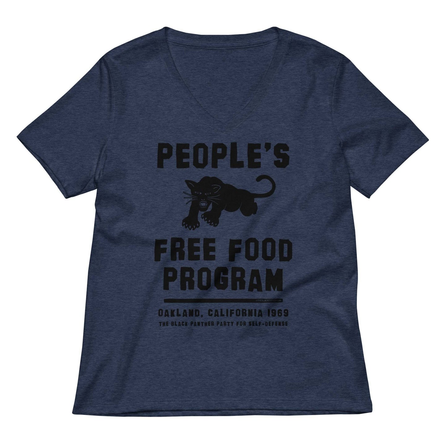 Black Panthers People's Free Food Program Women's V-neck Tee in navy blue with iconic black panther graphic and historic Oakland 1969 print.