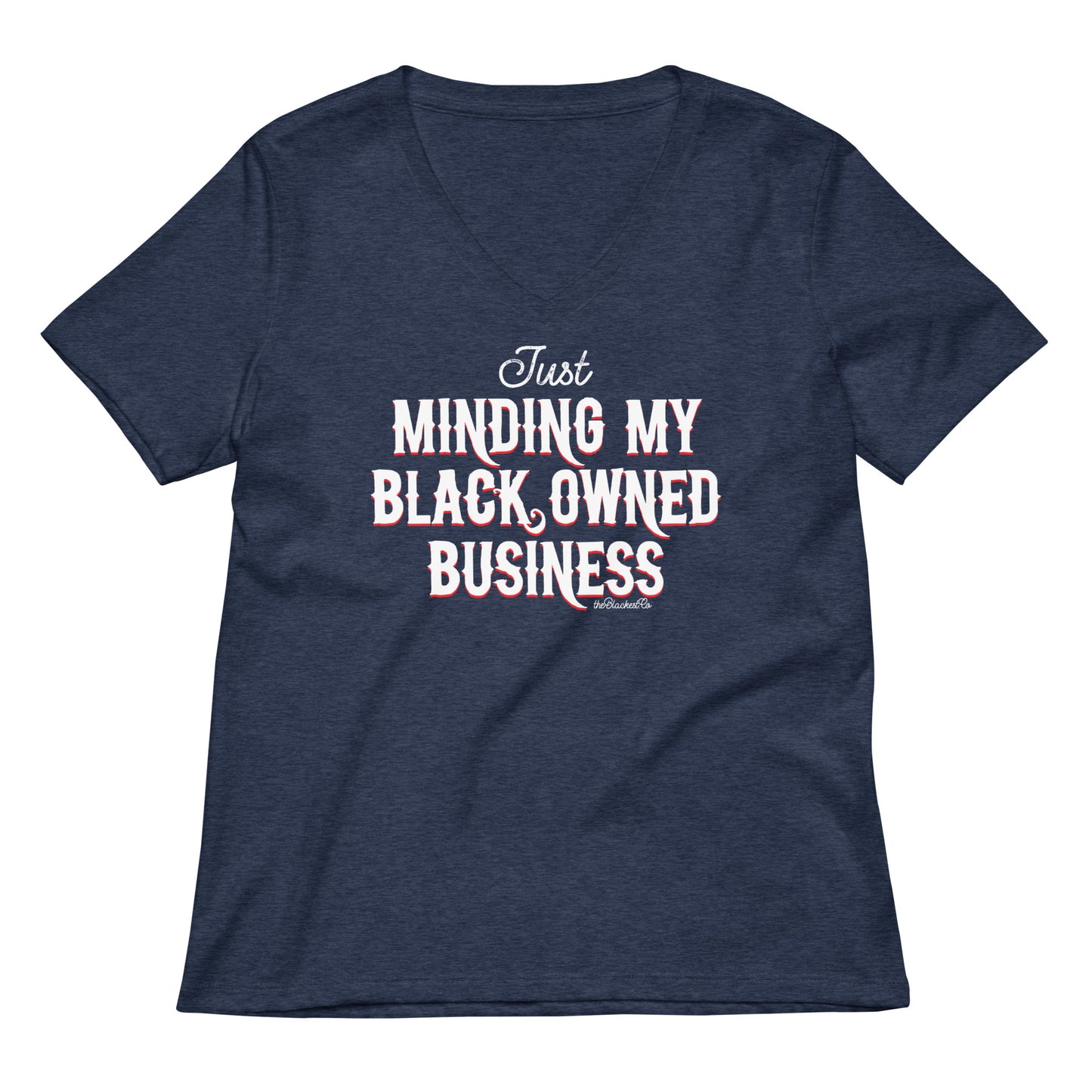 Navy Minding My Black Owned Business Womens V-neck T-shirt with bold white and pink text, empowering message for Black-owned brands.