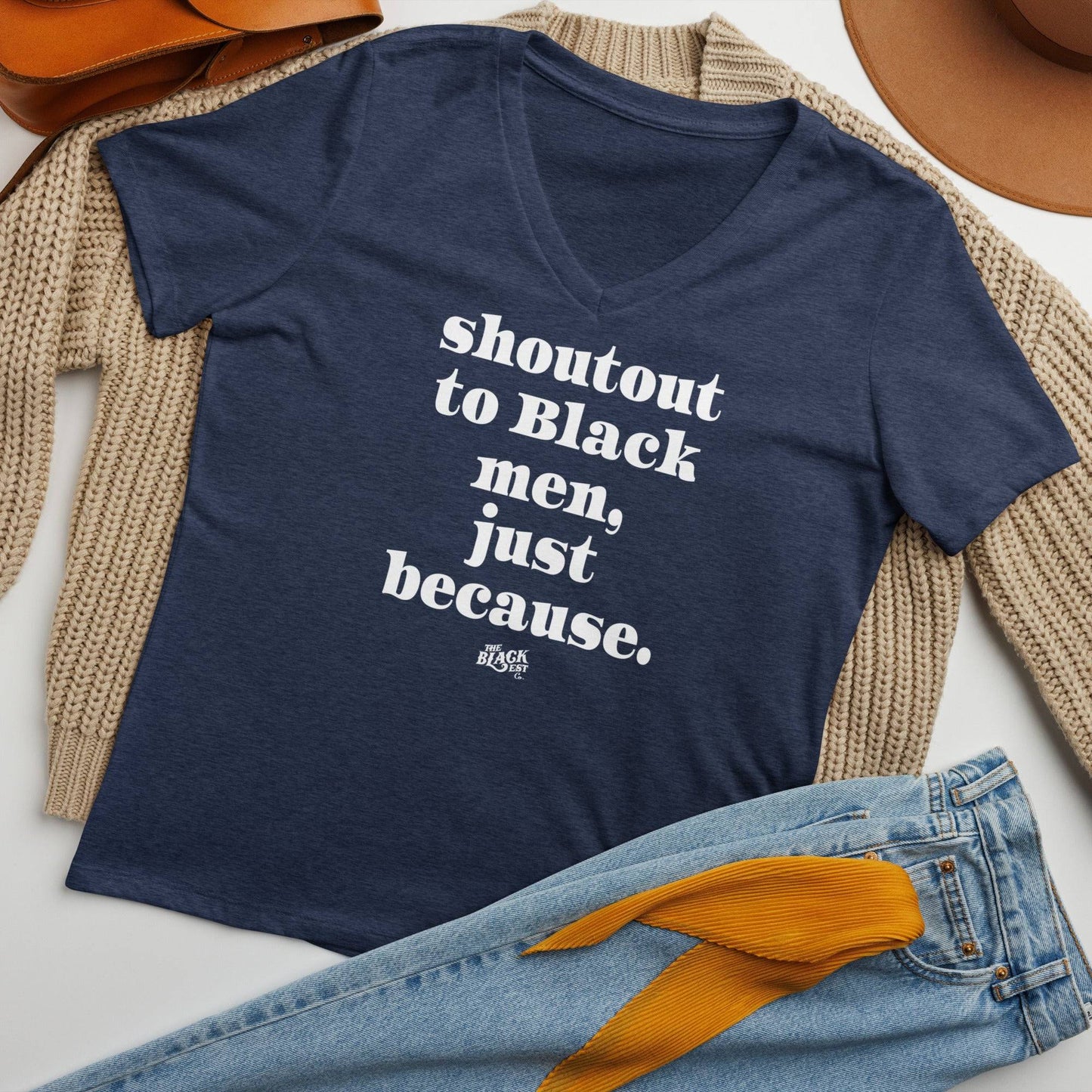 Shoutout To Black Men Just Because Womens V-neck T-shirt styled with cozy cardigan and jeans. Empowering message tee for casual fashion.