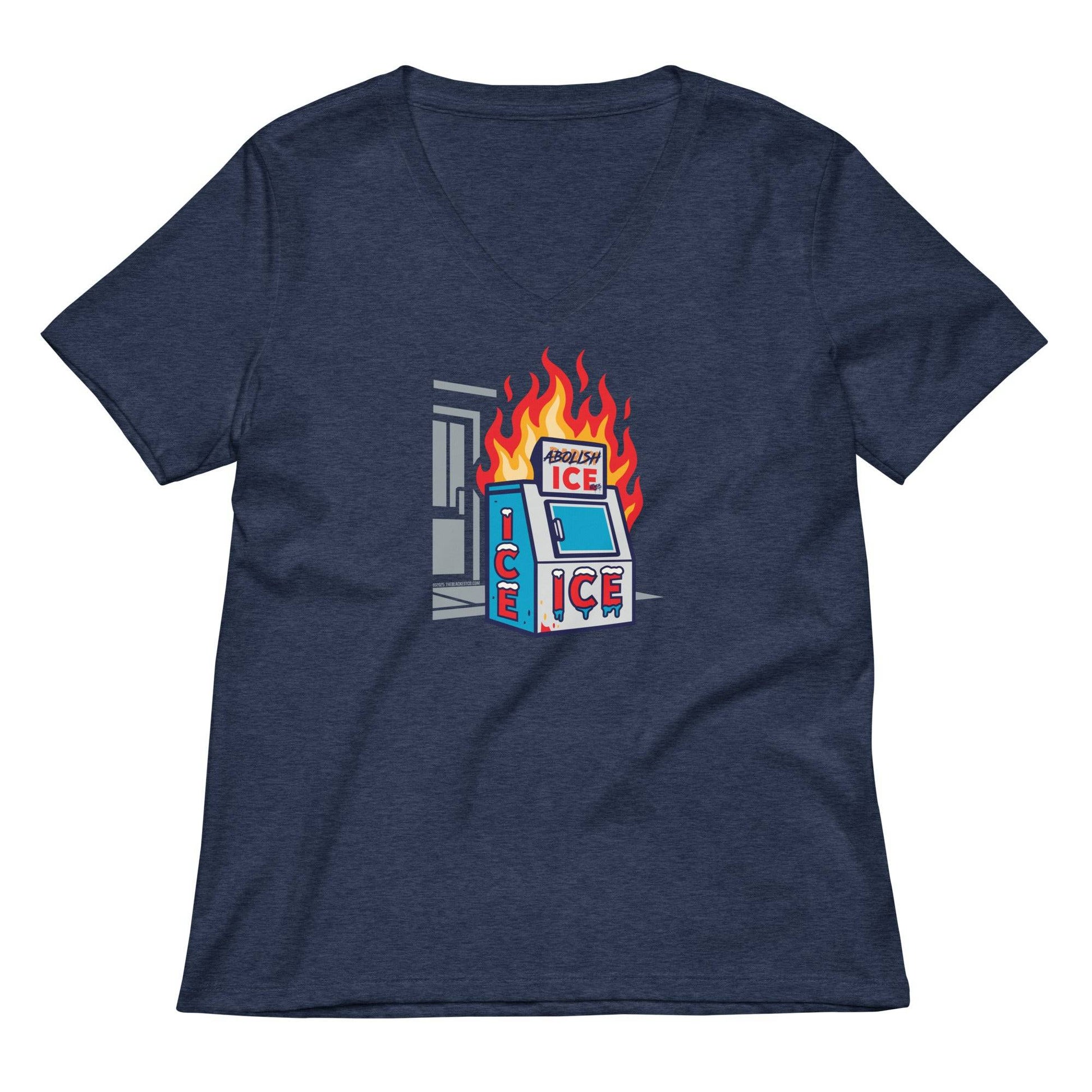 Navy Abolish ICE Women’s V-neck T-Shirt by TheBlackest Co. featuring a flaming ICE machine graphic for activist and protest fashion.